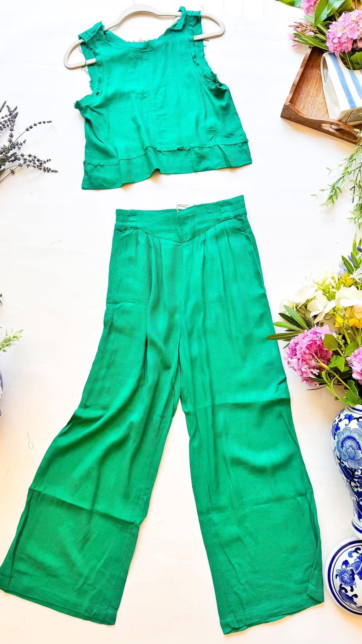 Green Linen Look Pant Set