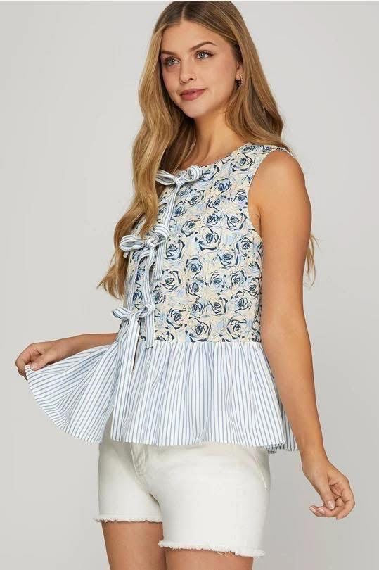 Blue Floral Stripe Top