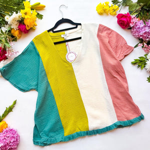 Green/Peach color block gauze top