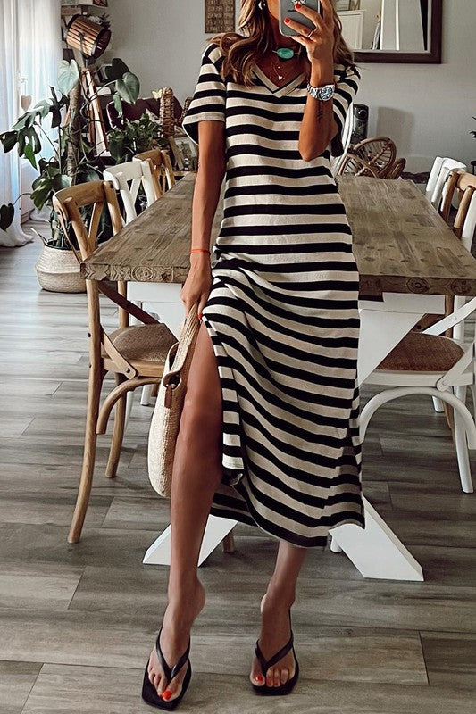 Black Stripe w/Side Slit Dress