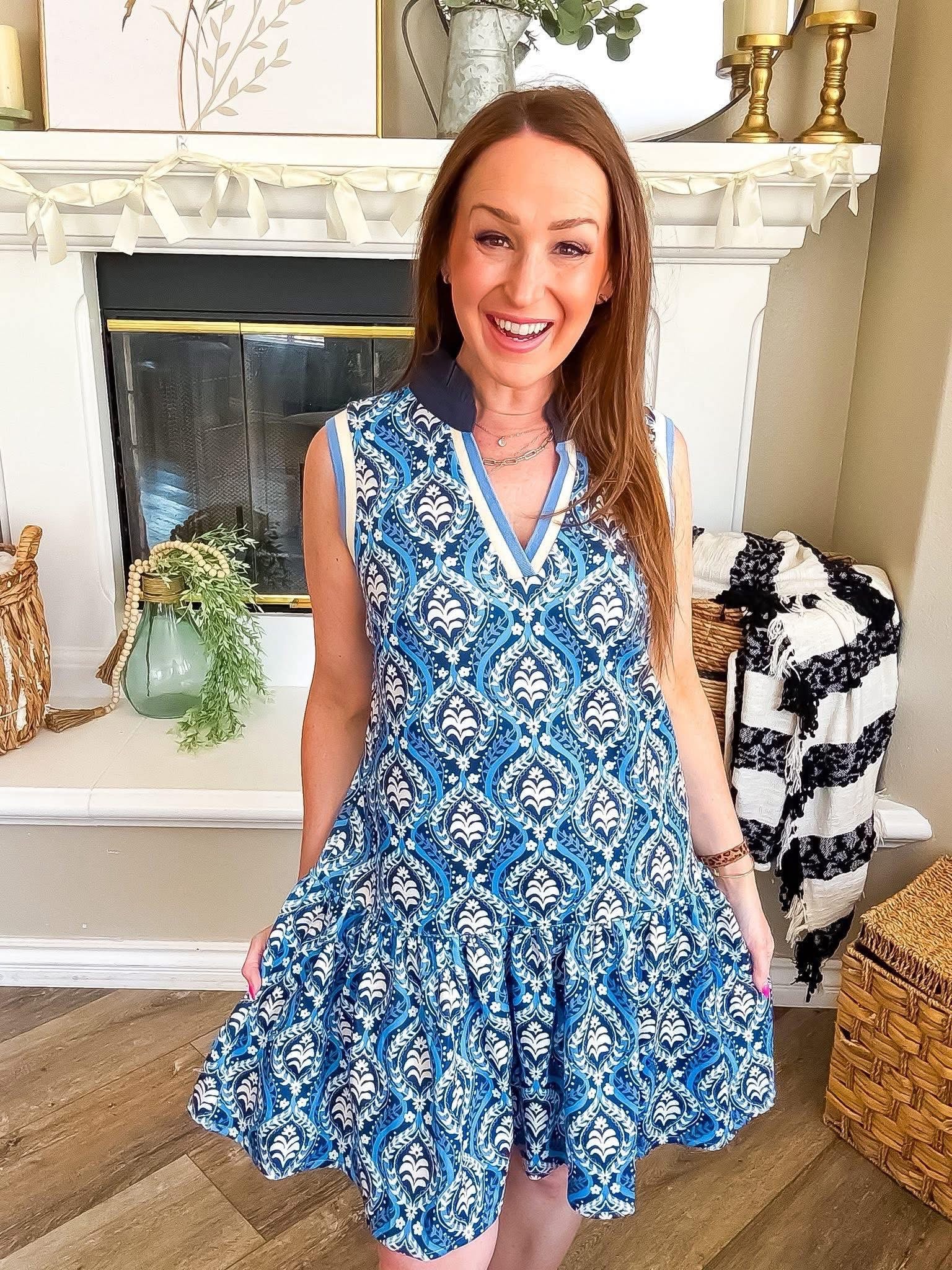 Umgee Blue Print Collar Dress