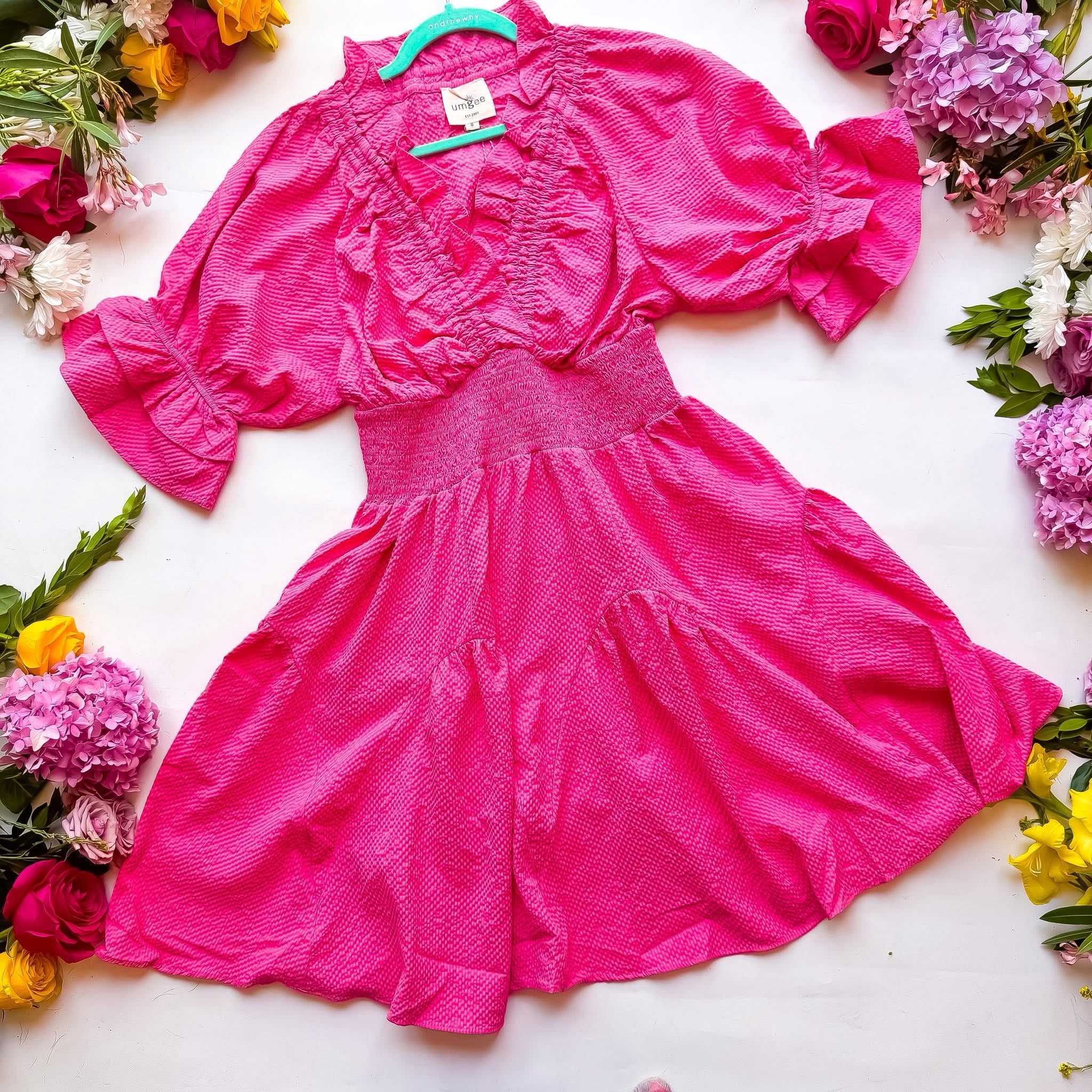 Umgee Pink Puff Sleeve Smock Collar Dress