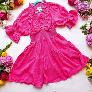 Umgee Pink Puff Sleeve Smock Collar Dress