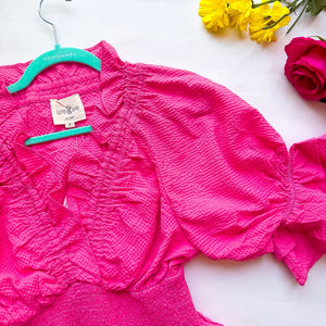 Umgee Pink Puff Sleeve Smock Collar Dress